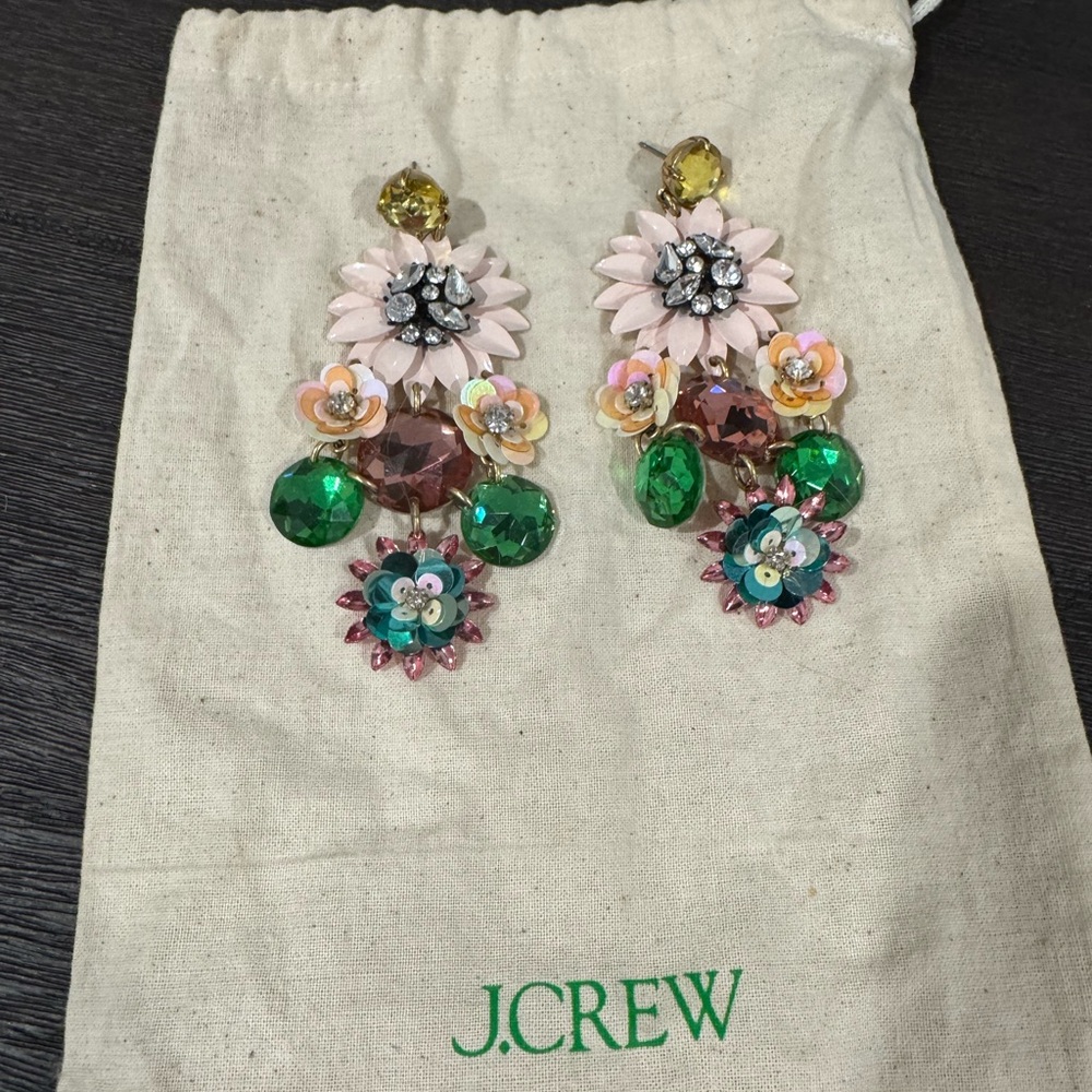 J. Crew Floral Drop Earrings with Pink and Green Accents